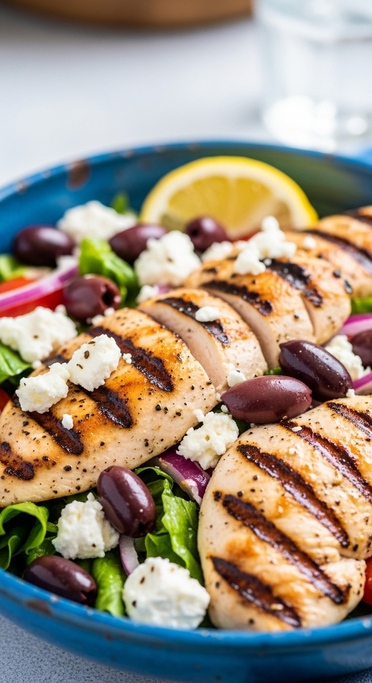 Greek Grilled Chicken Salad With Feta Olives Lemon In Rustic Blue Bowl