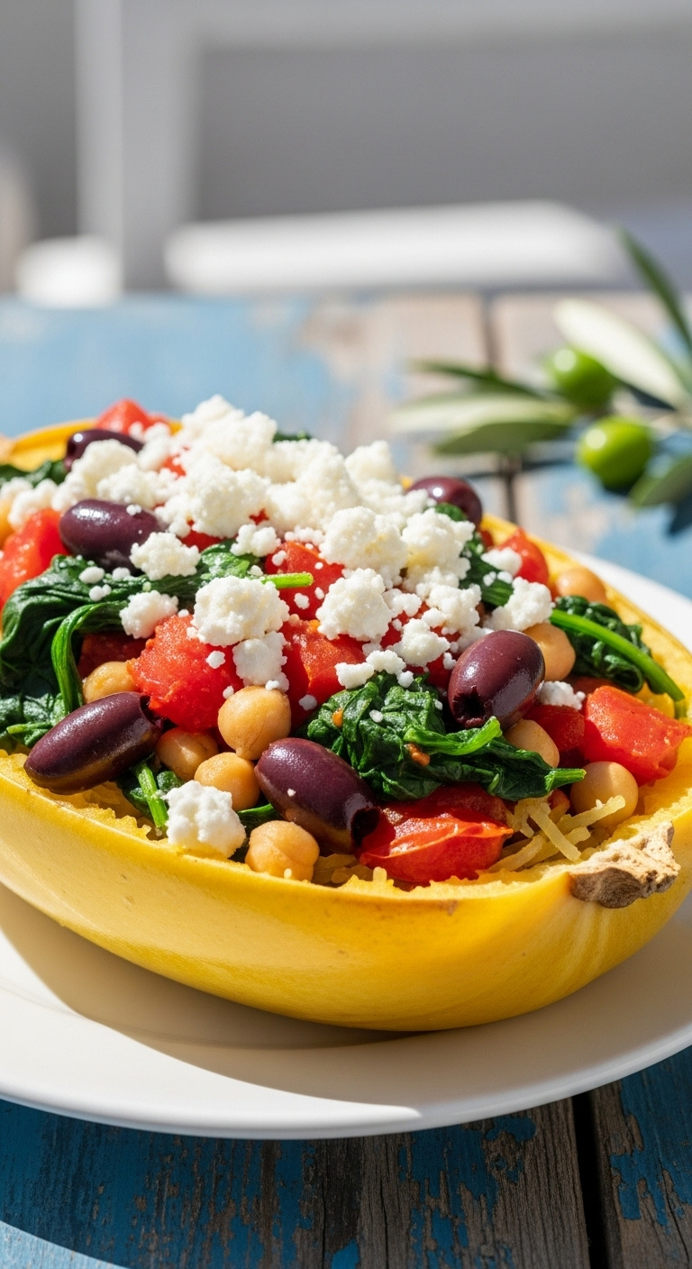 Greek Inspired Stuffed Spaghetti Squash With Chickpeas Tomatoes Spinach Kalamata Olives And Feta Cheese On White Plate On Blue Wooden Table