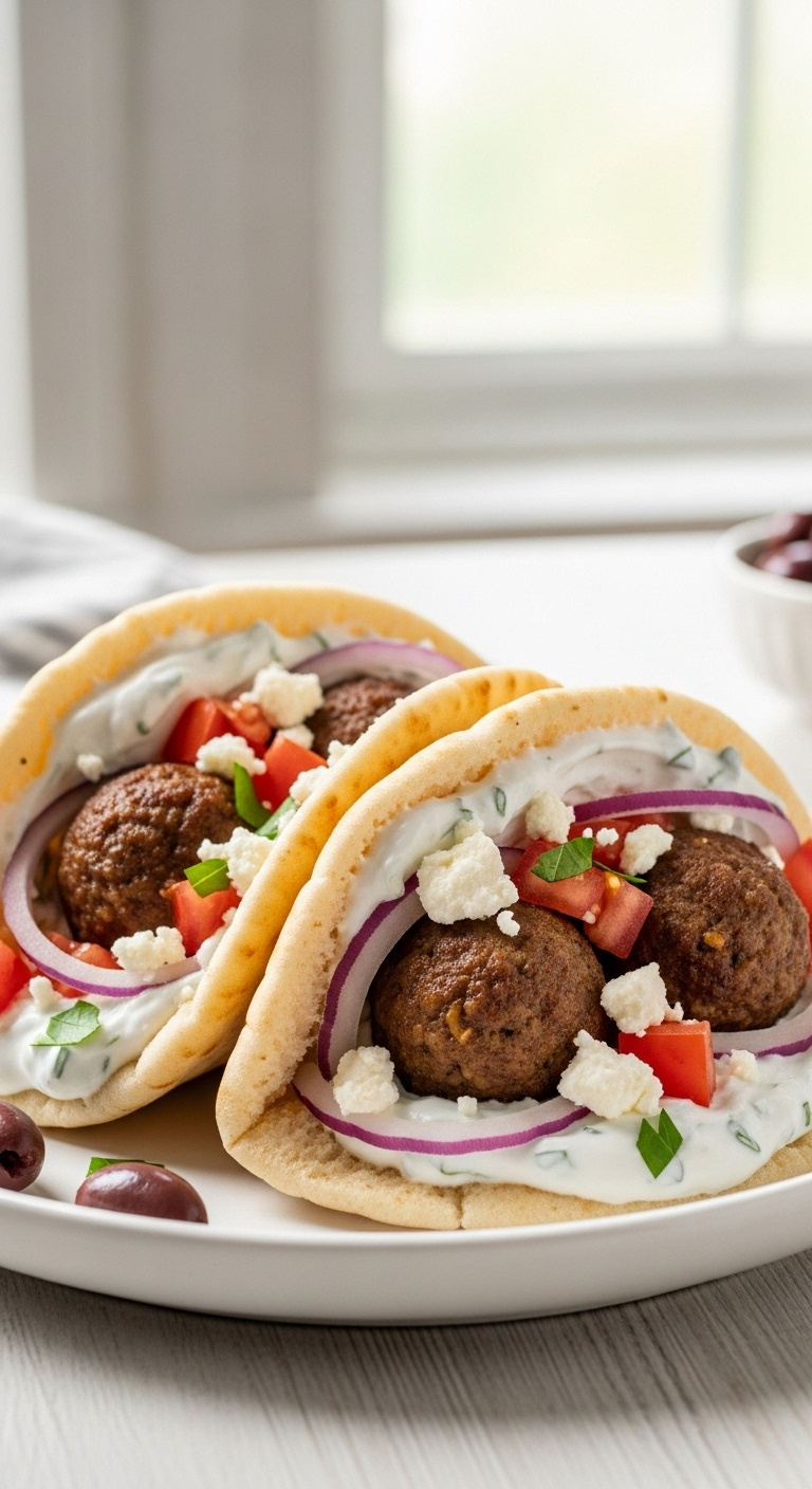 Greek-Meatball-Pitas-With-Tzatziki-Feta-Tomato-Onion-And-Olives