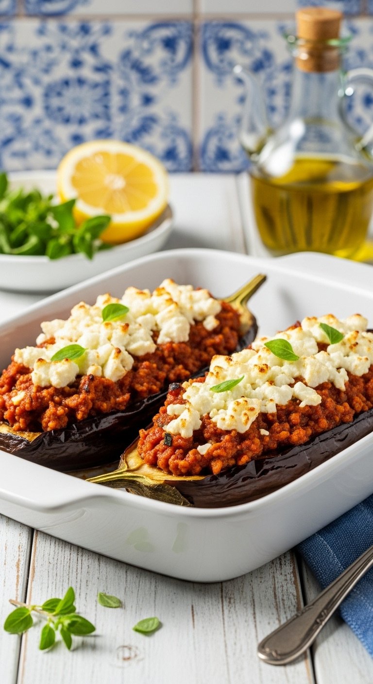 Greek Stuffed Eggplant Papoutsakia With Spiced Meat Sauce And Crumbled Feta In White Baking Dish On Whitewashed Table With Lemon Oregano And Olive Oil