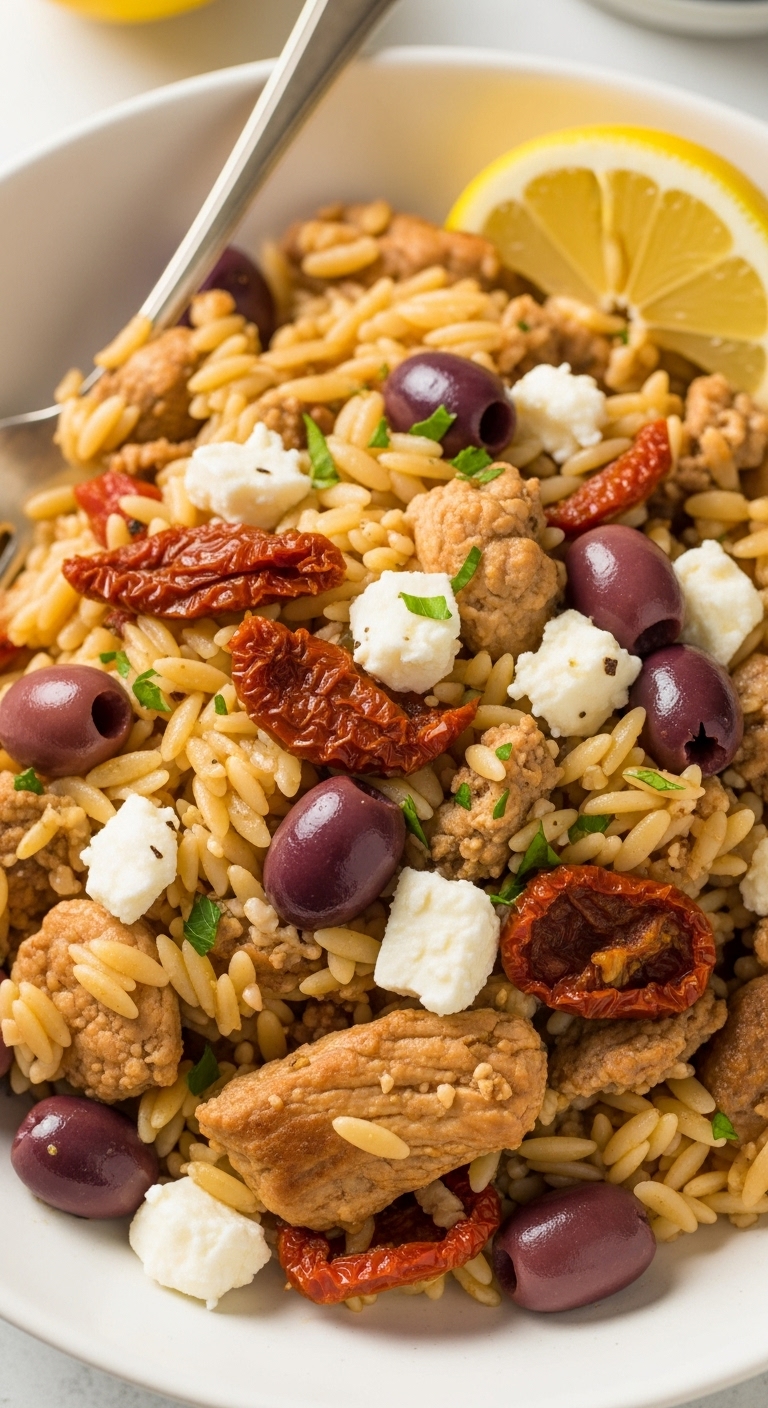 Greek-Turkey-Orzo-Sun-Dried-Tomatoes-Olives-Feta-Lemon-Garnish