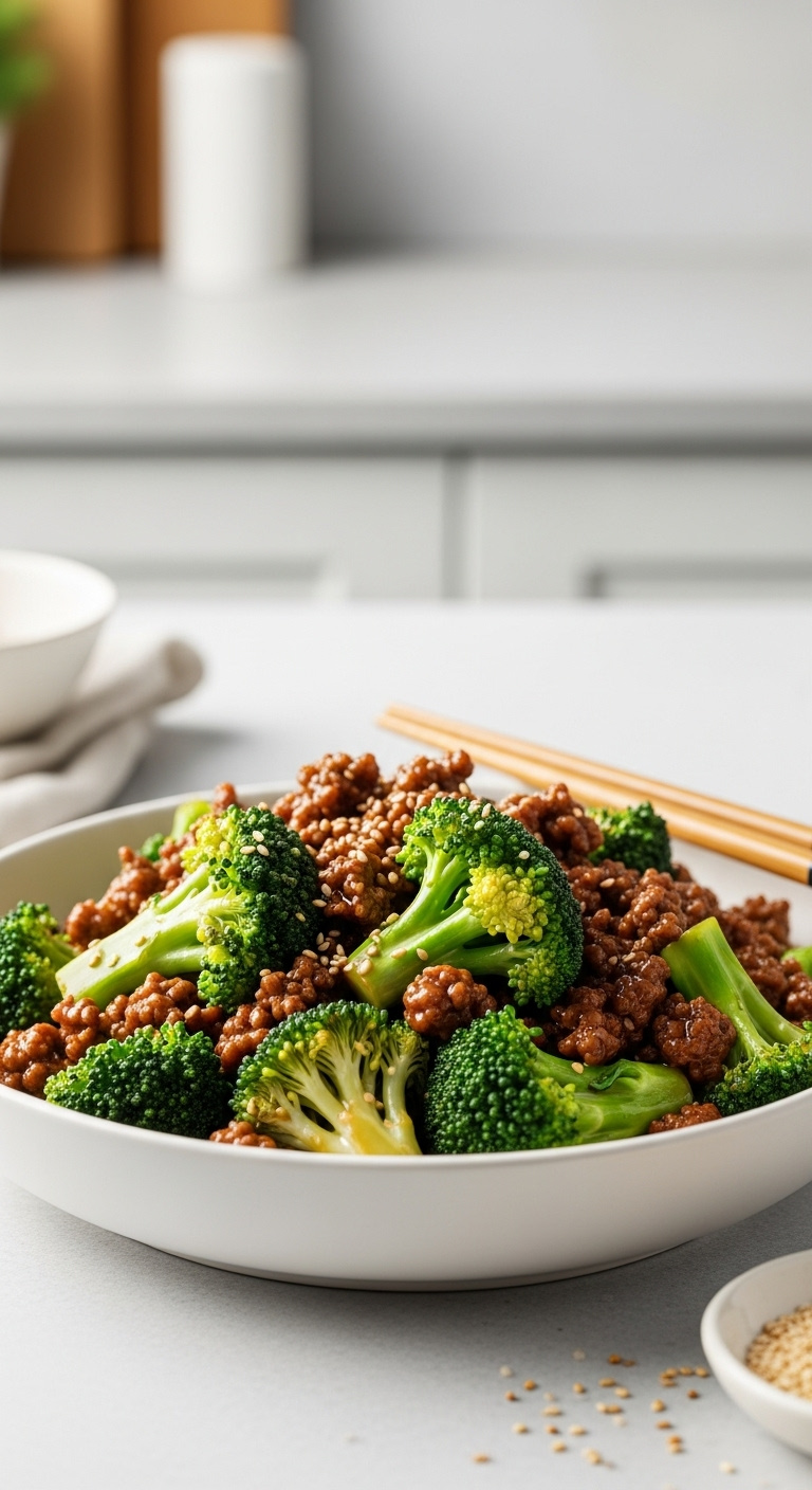 Ground-Beef-And-Broccoli-Stir-Fry-Savory-Sauce-Chopsticks-Sesame-Seeds