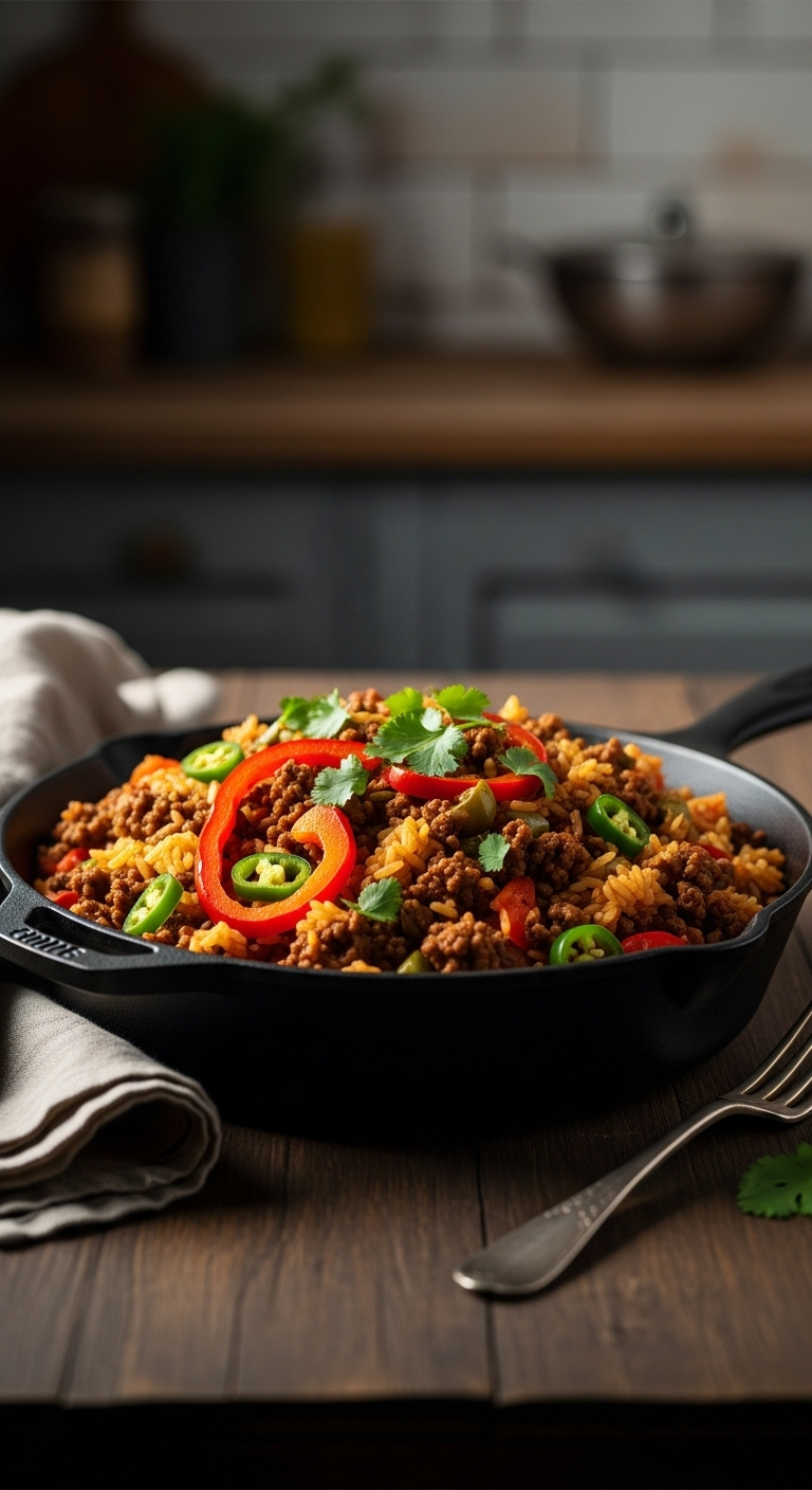 Ground-Beef-And-Rice-Skillet-With-Red-Bell-Peppers-Green-Chilies-And-Cilantro-In-Cast-Iron-Skillet