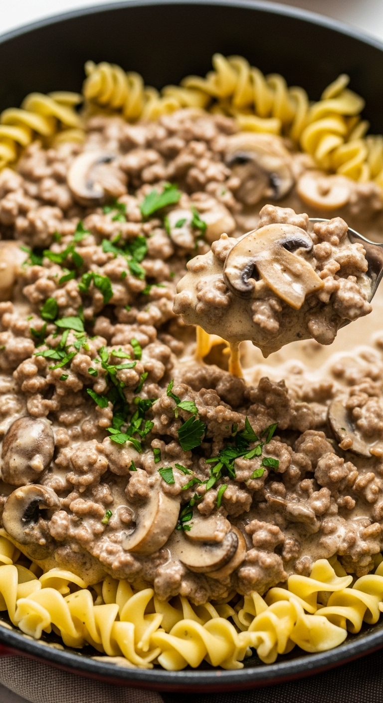 Ground-Beef-Stroganoff-Creamy-Sauce-Mushrooms-Parsley-Egg-Noodles