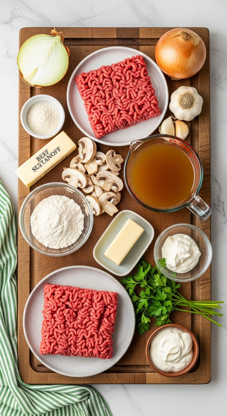 Ground-Beef-Stroganoff-Ingredients-Wooden-Cutting-Board-Mushrooms-Onion-Broth-Sour-Cream