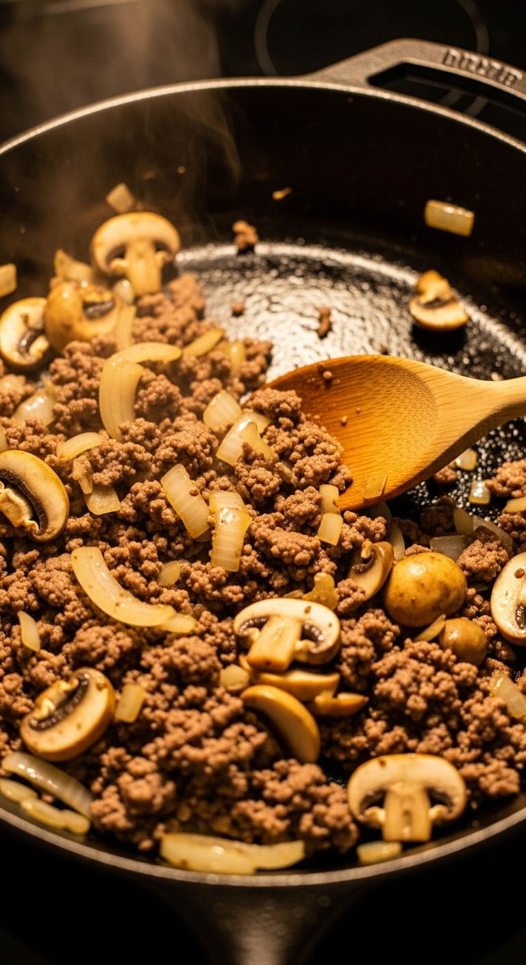 Ground-Beef-Stroganoff-Skillet-Browned-Beef-Onions-Mushrooms-Wooden-Spoon