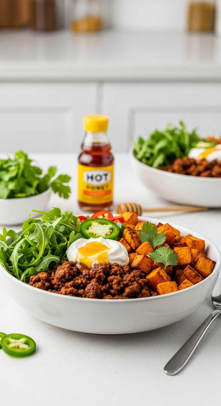 Ground Beef Sweet Potato Bowl Hot Honey Sour Cream Jalapeno Arugula Cilantro Modern Kitchen Vertical