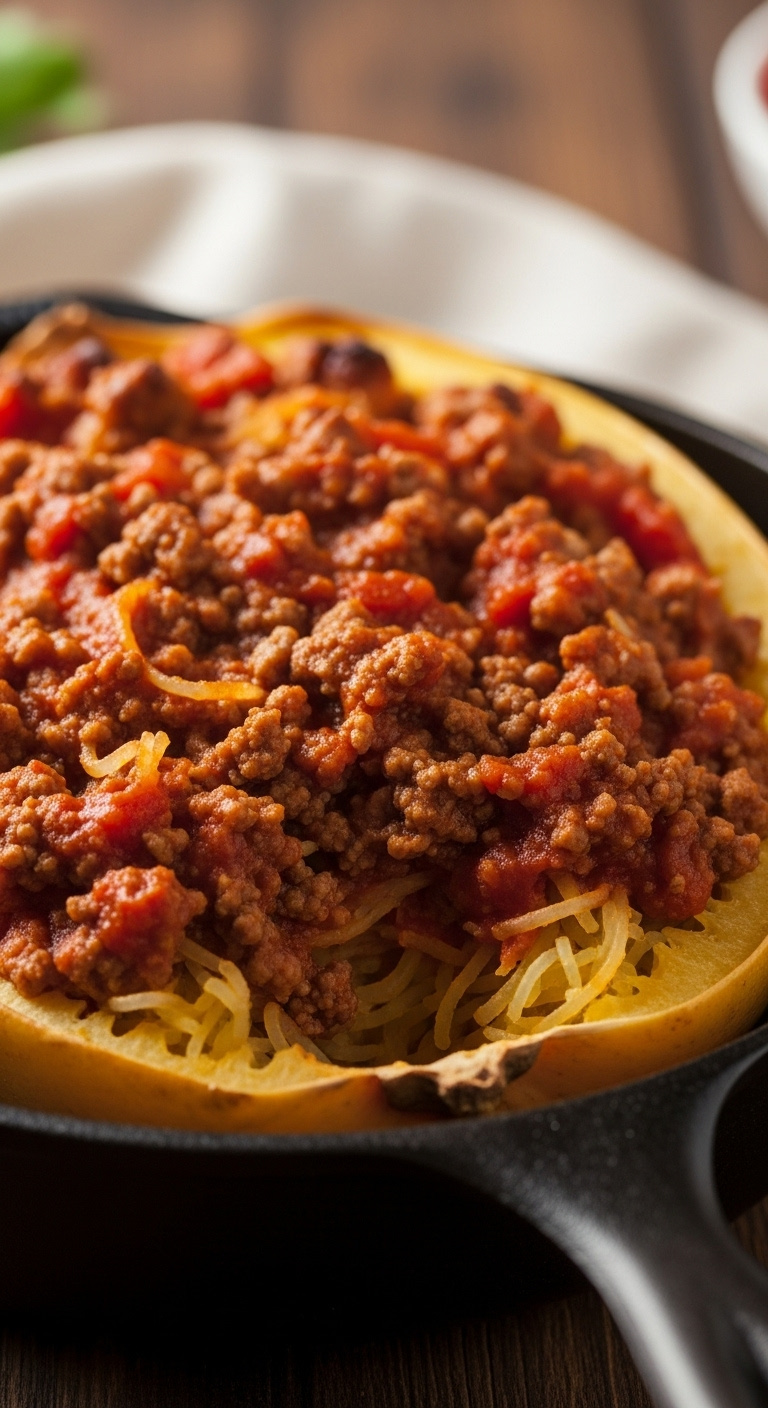 Ground Meat And Tomato Stuffed Spaghetti Squash With Rich Red Sauce And Squash Strands In Cast Iron Skillet With Cozy Light