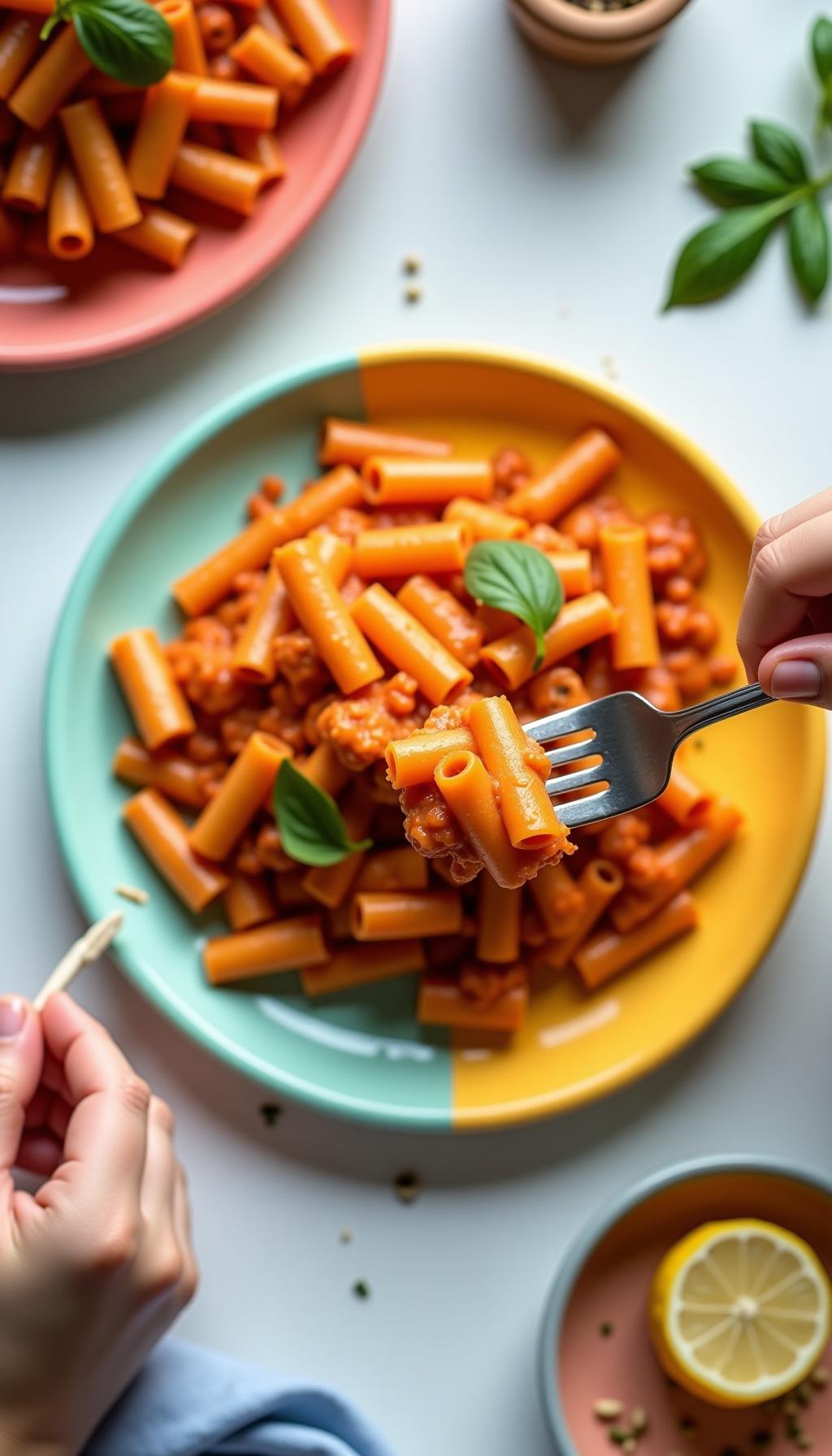 Ground Turkey Pasta With Hidden Veggies Served On Kids Plate With Rich Carrot Tomato Sauce