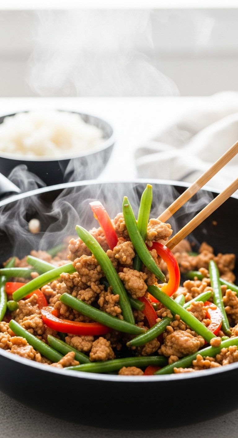 Ground-Turkey-Stir-Fry-Chopsticks-Steam-Green-Beans-Bell-Pepper-Rice