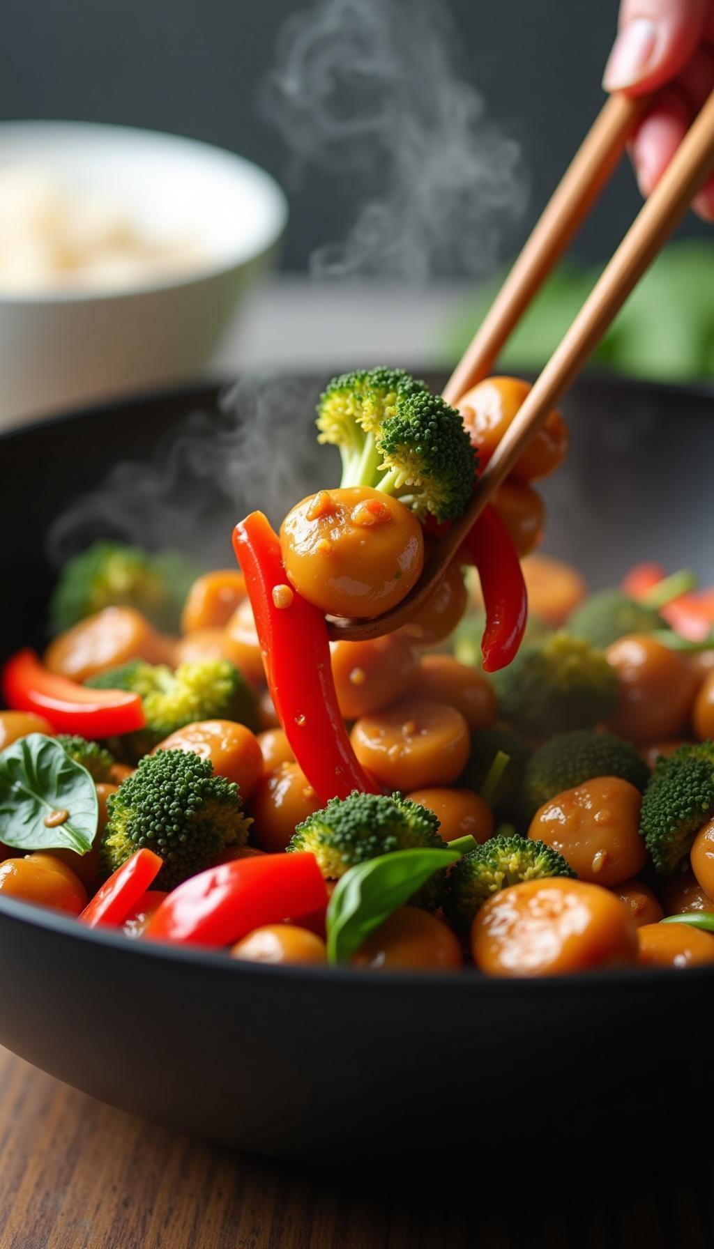 Ground Turkey Stir Fry With Broccoli Bell Peppers And Spinach Tossed In Wok With Steam Rising And Bowl Of Rice In Background