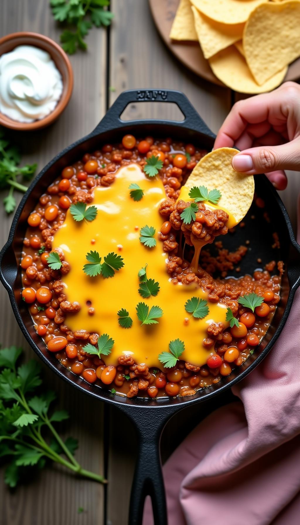 Ground Turkey Taco Skillet With Melted Cheese And Tortilla Chip On Rustic Wooden Table With Sour Cream And Cilantro Garnish