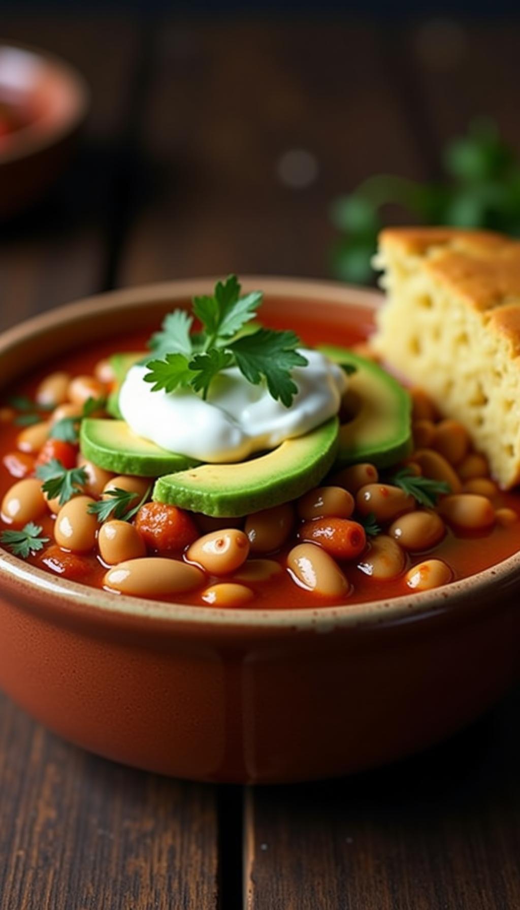 Ground Turkey White Bean Chili With Sour Cream Avocado Cilantro And Cornbread On Rustic Wooden Surface
