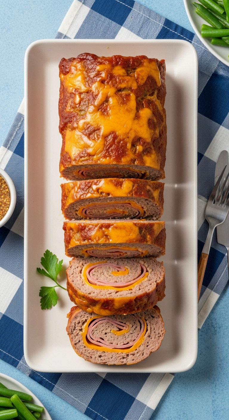 Ham And Cheddar Stuffed Meatloaf Slices With Spiral Filling On White Platter With Dijon Mustard And Green Beans On Checkered Tablecloth