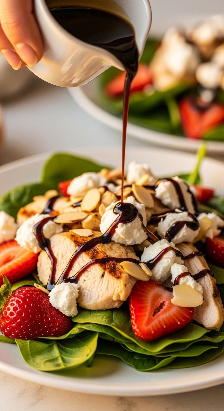 Hand Drizzling Balsamic Vinaigrette Over Strawberry Grilled Chicken Salad With Spinach Goat Cheese And Almonds On White Plate