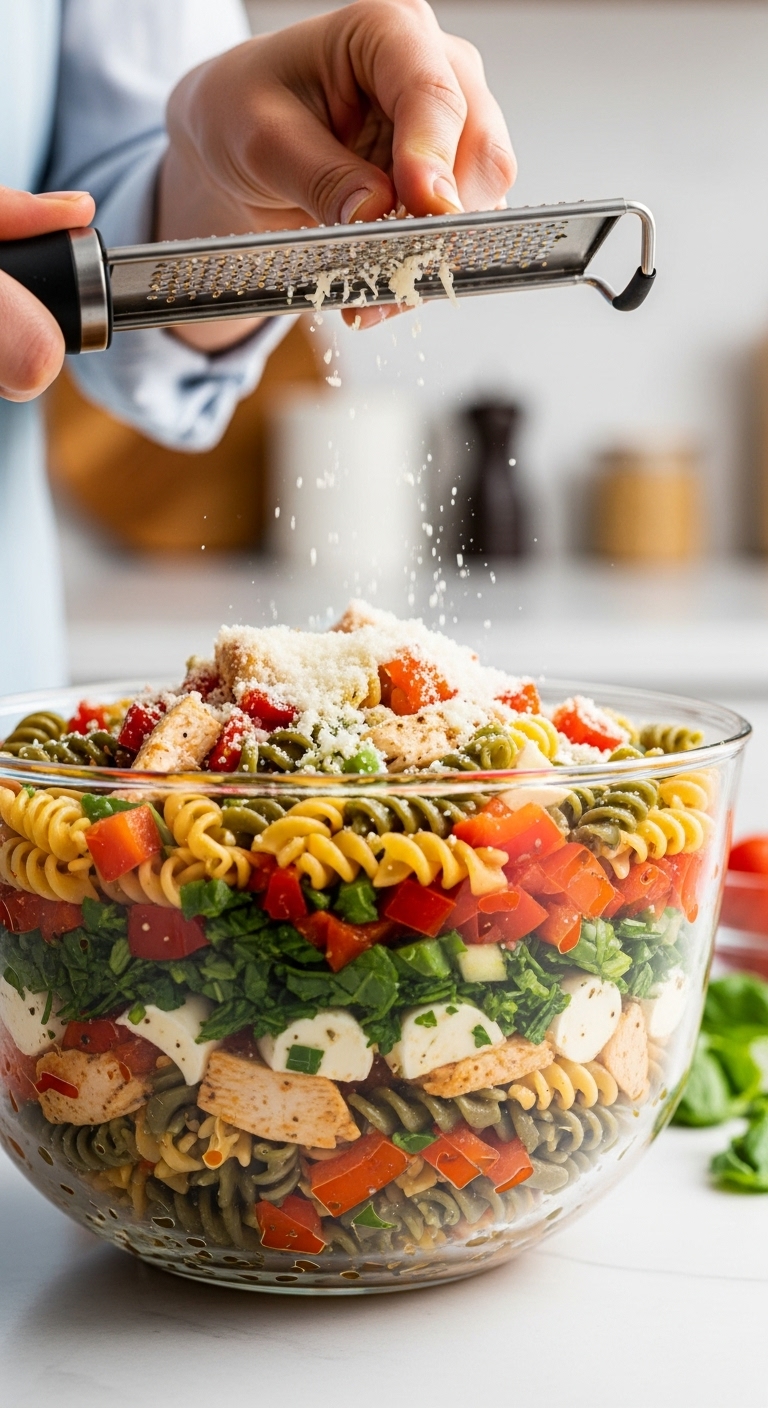 Hand Grating Parmesan Over Vibrant Italian Chicken Pasta Salad With Tri-Color Pasta Bell Peppers Mozzarella In Glass Bowl