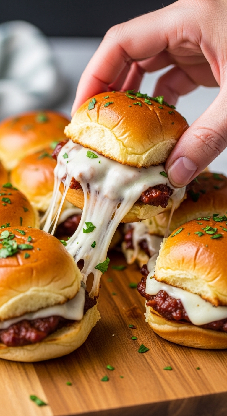 Hand Pulling Bbq Chicken Slider With Cheese Pull From Group On Wooden Board With Golden Buns And Parsley Garnish