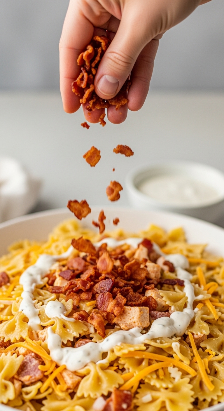 Hand Sprinkling Crispy Bacon Over Chicken Bacon Ranch Pasta Salad With Farfalle And Extra Dressing In Background