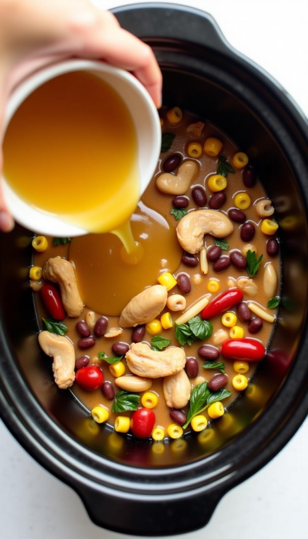 Hands Adding Chicken Broth To Slow Cooker Filled With Chicken Beans Corn Chiles