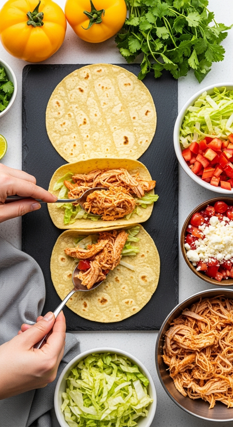 Hands Assembling Easy Shredded Chicken Tacos With Vibrant Toppings On Corn Tortillas