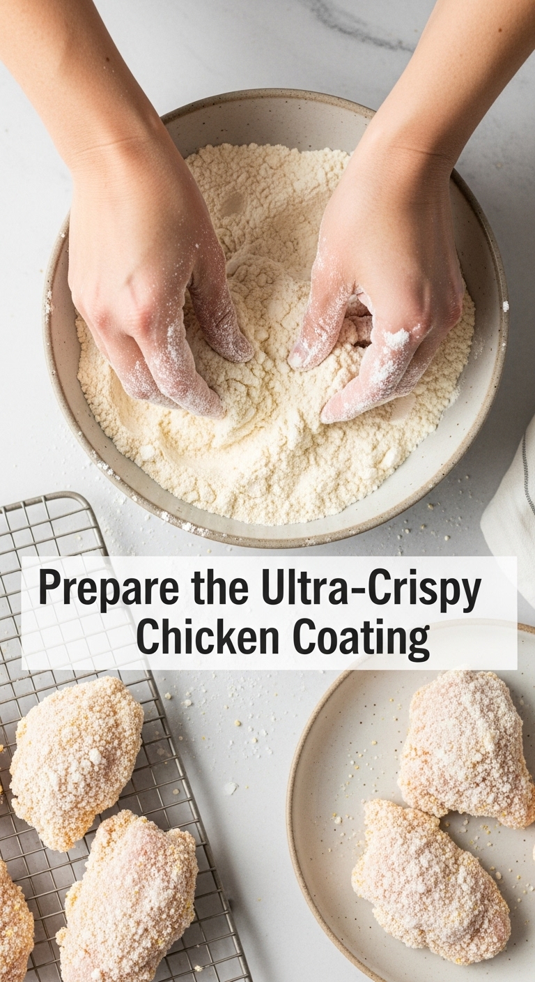 Hands Dredging Chicken In Flour Cornstarch Mixture With Coated Pieces On Wire Rack