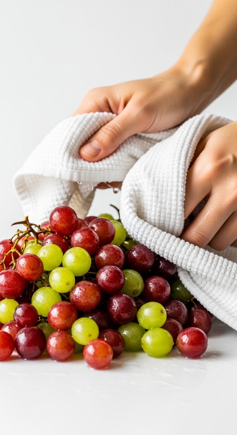 Hands Drying Red And Green Grapes With White Towel On Countertop
