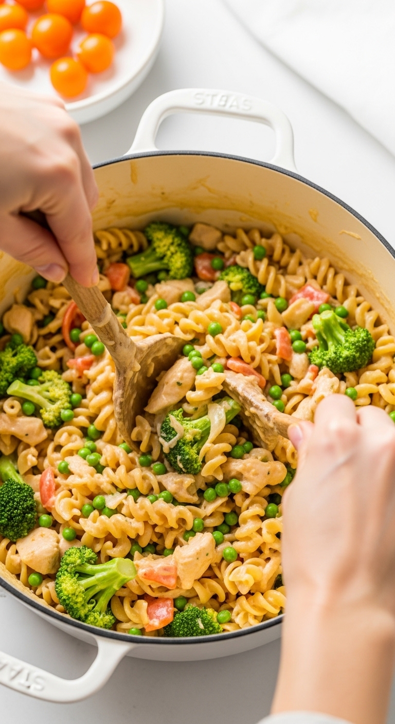 Hands Stirring Creamy Chicken Tetrazzini With Pasta Chicken Peas And Broccoli In Large Pot