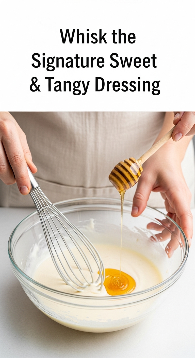 Hands Whisking Creamy Dressing With Honey Being Drizzled Into Glass Bowl