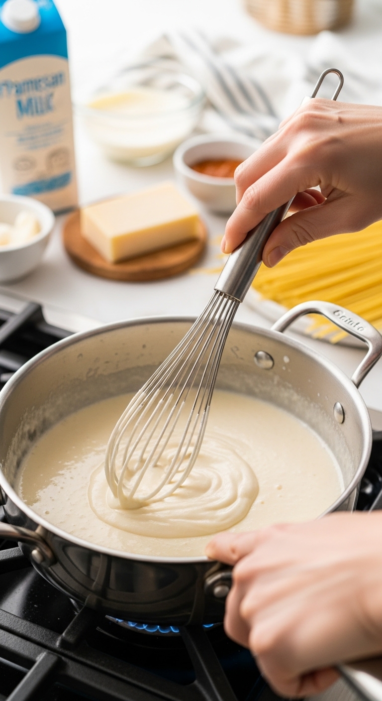 Hands Whisking Creamy White Sauce In A Saucepan With Parmesan Cheese And Milk In The Background