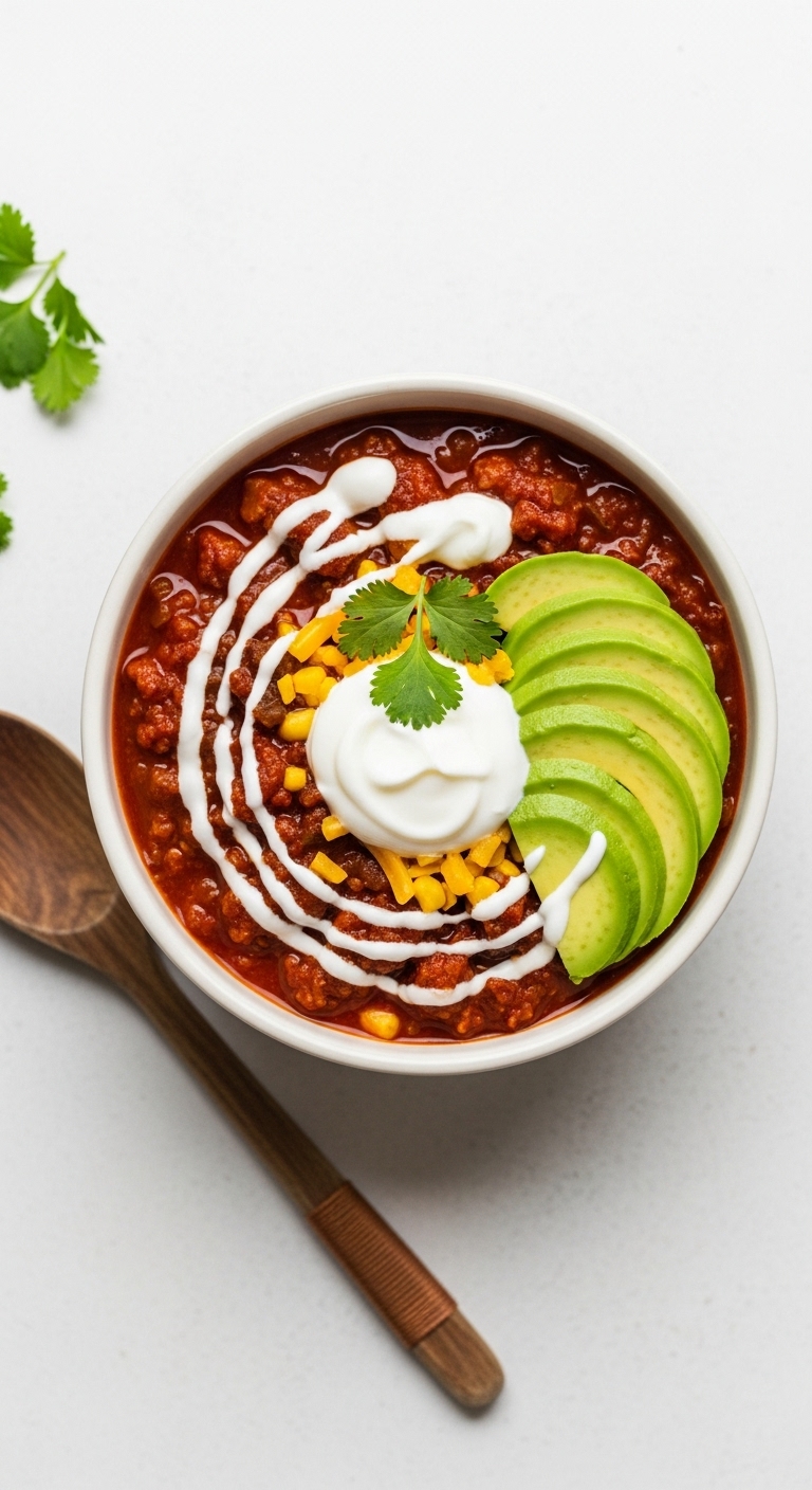 Healthy-Hearty-Turkey-Chili-Greek-Yogurt-Avocado-Cilantro-Flat-Lay