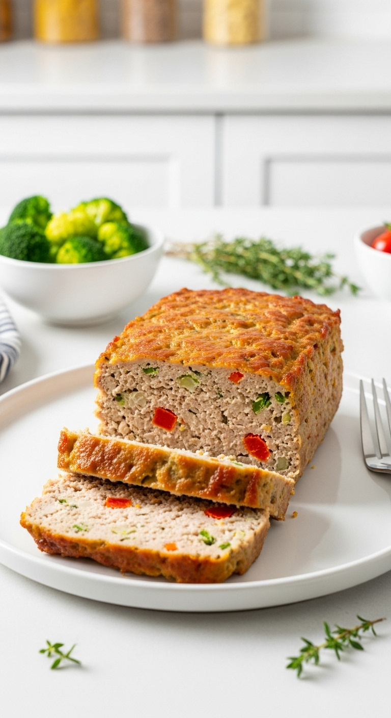 Healthy Lighter Turkey Meatloaf Slice With Vegetables Served On White Plate With Broccoli And Fresh Thyme On Minimalist Kitchen Counter