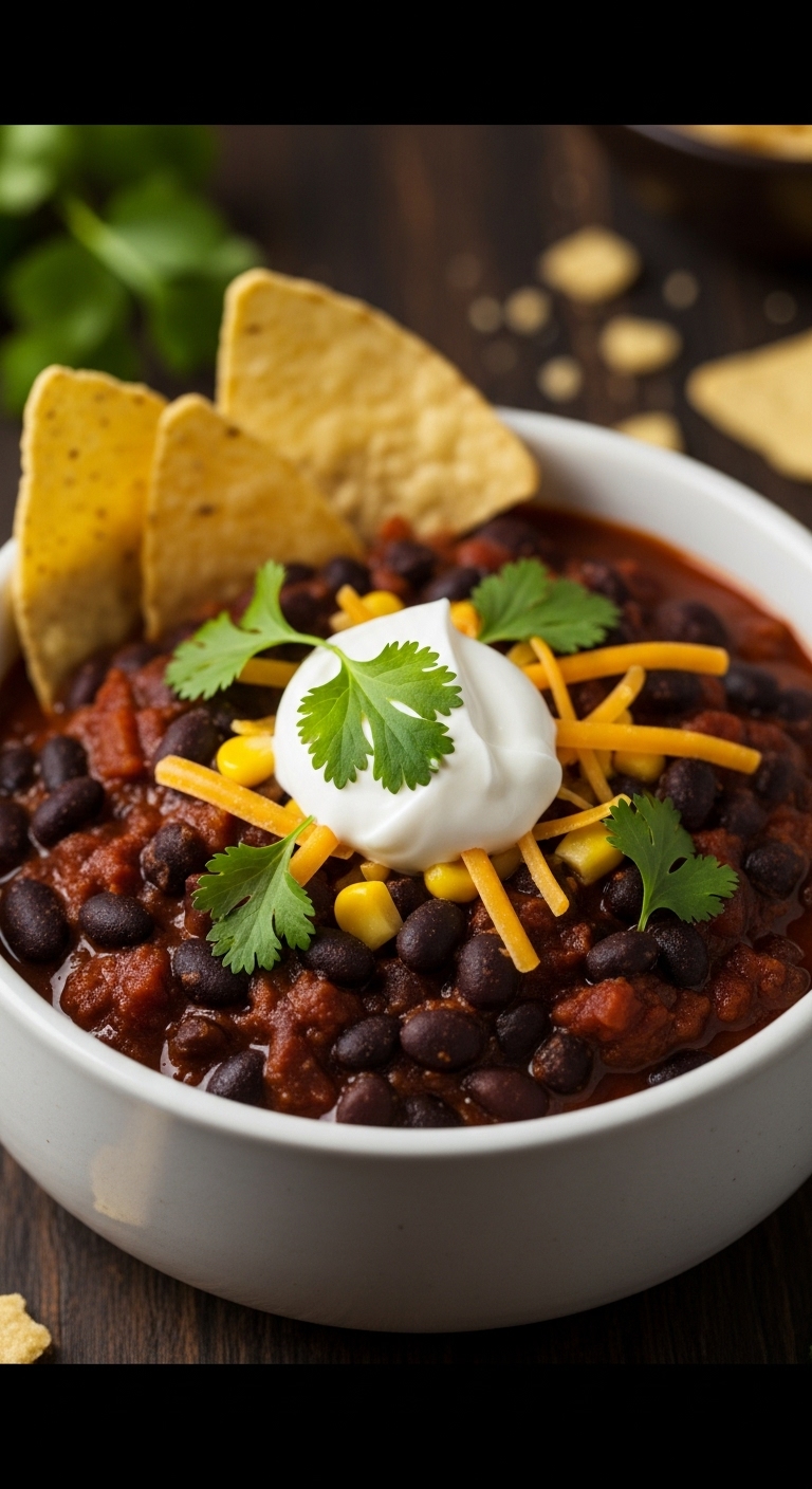 Hearty Black Bean Chili With Sour Cream Cheddar Cheese Cilantro And Tortilla Chips In Rustic Ceramic Bowl On Dark Wooden Table
