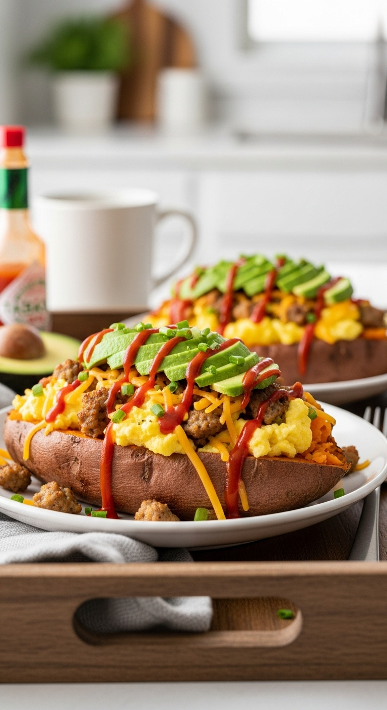 Hearty Breakfast Style Sweet Potato Scrambled Eggs Sausage Avocado Hot Sauce Chives Rustic Wood Tray Coffee Mug Vertical