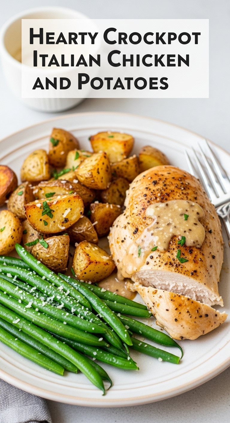 Hearty Crockpot Italian Chicken And Potatoes With Roasted Potatoes Green Beans Parmesan Cheese And Light Pan Sauce On Rustic Dinner Plate
