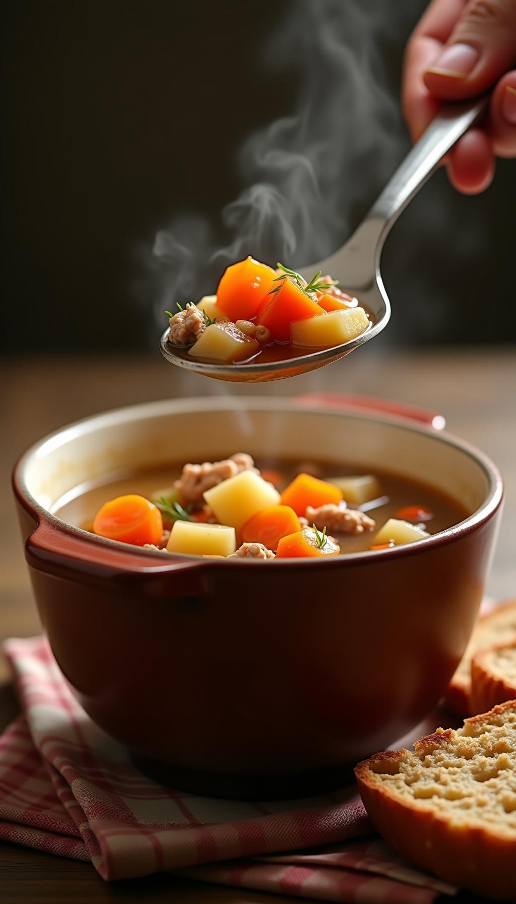 Hearty Ground Turkey Soup With Potatoes Carrots And Broth Served With Crusty Bread On Plaid Napkin