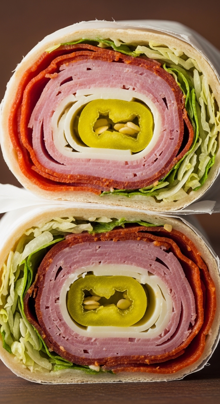 Hearty-Italian-Deli-Sub-Wrap-Sliced-Pepperoni-Ham-Provolone-Cheese-Banana-Peppers-Lettuce-Deli-Paper