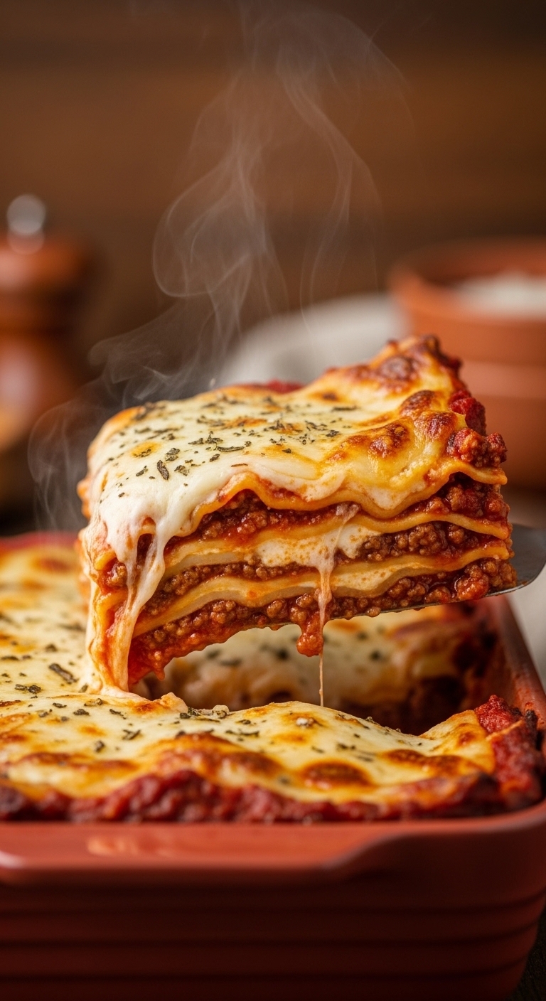 Hearty-Lasagne-Classico-Slice-Lifting-Baking-Dish-Cheese-Layers-Steam