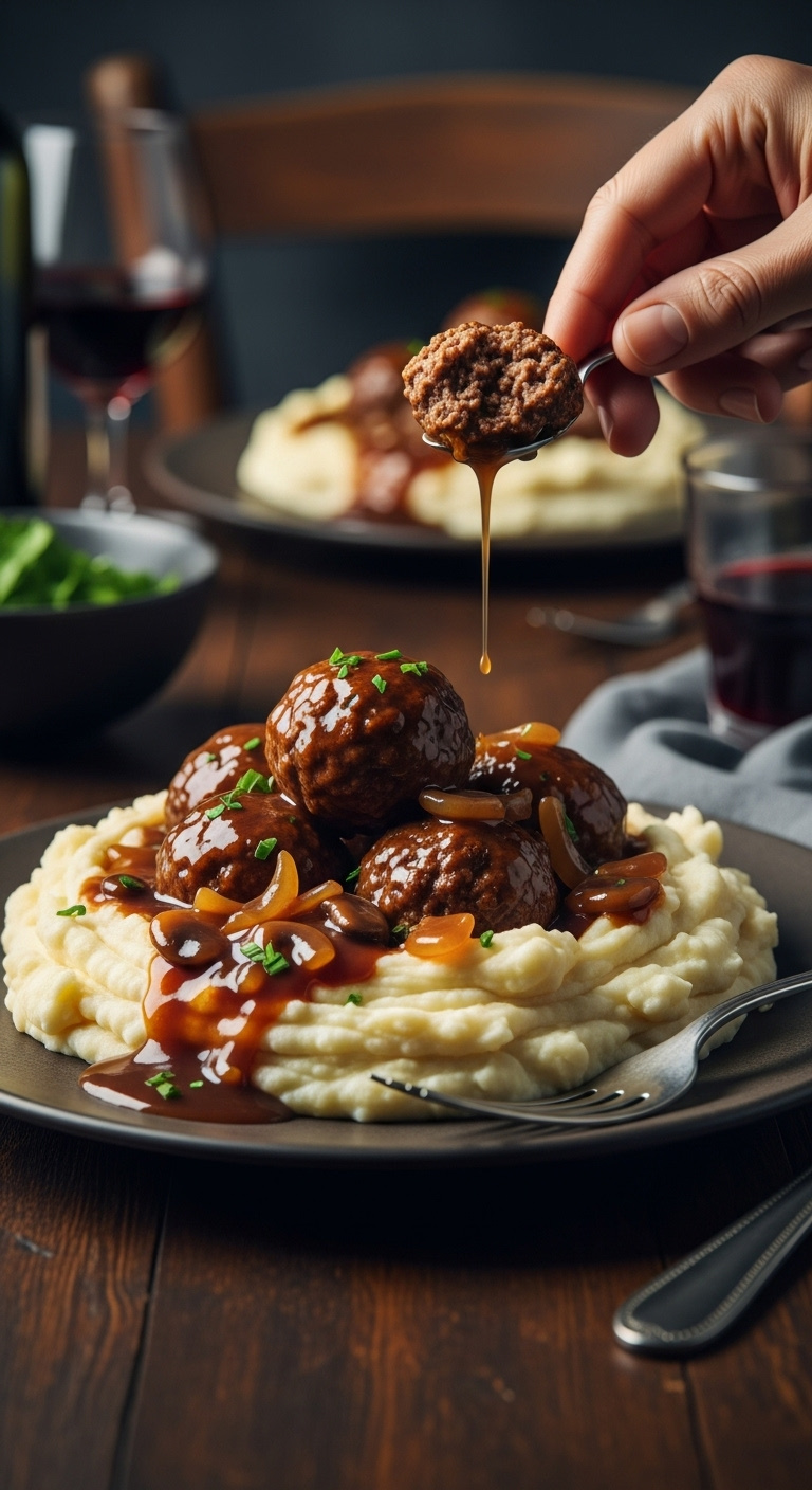 Hearty-Salisbury-Steak-Meatballs-Mashed-Potatoes-Onion-Mushroom-Gravy