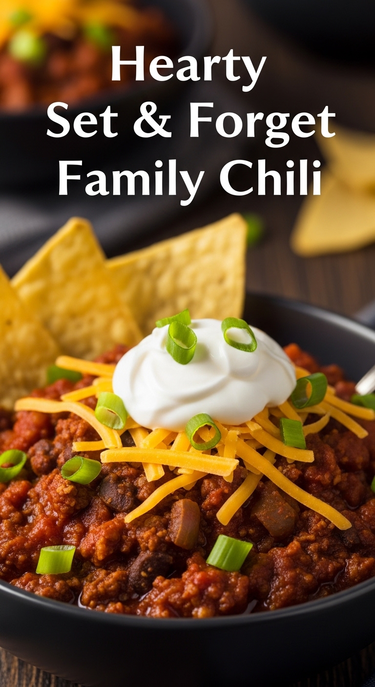 Hearty Set And Forget Family Chili With Sour Cream Cheddar Cheese Green Onions And Corn Chips In Cozy Rustic Setting