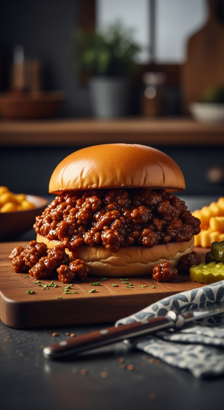 Hearty Sloppy Joe Sandwich With Ground Beef Pickles Fries