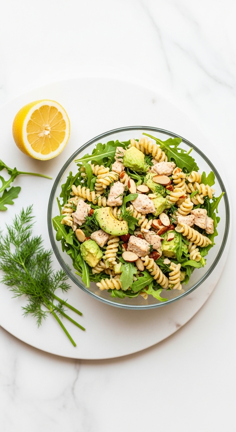 Herby Lemon Chicken Pasta Salad With Arugula Avocado Toasted Almonds Lemon And Dill In Glass Bowl On Marble Surface