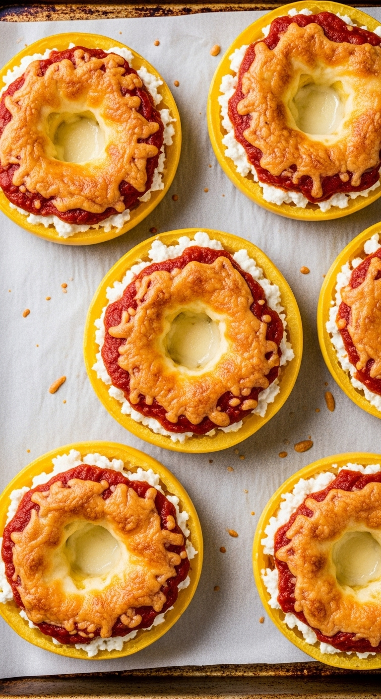 High Protein Stuffed Spaghetti Squash Rings With Marinara Cottage Cheese And Mozzarella On A Baking Sheet
