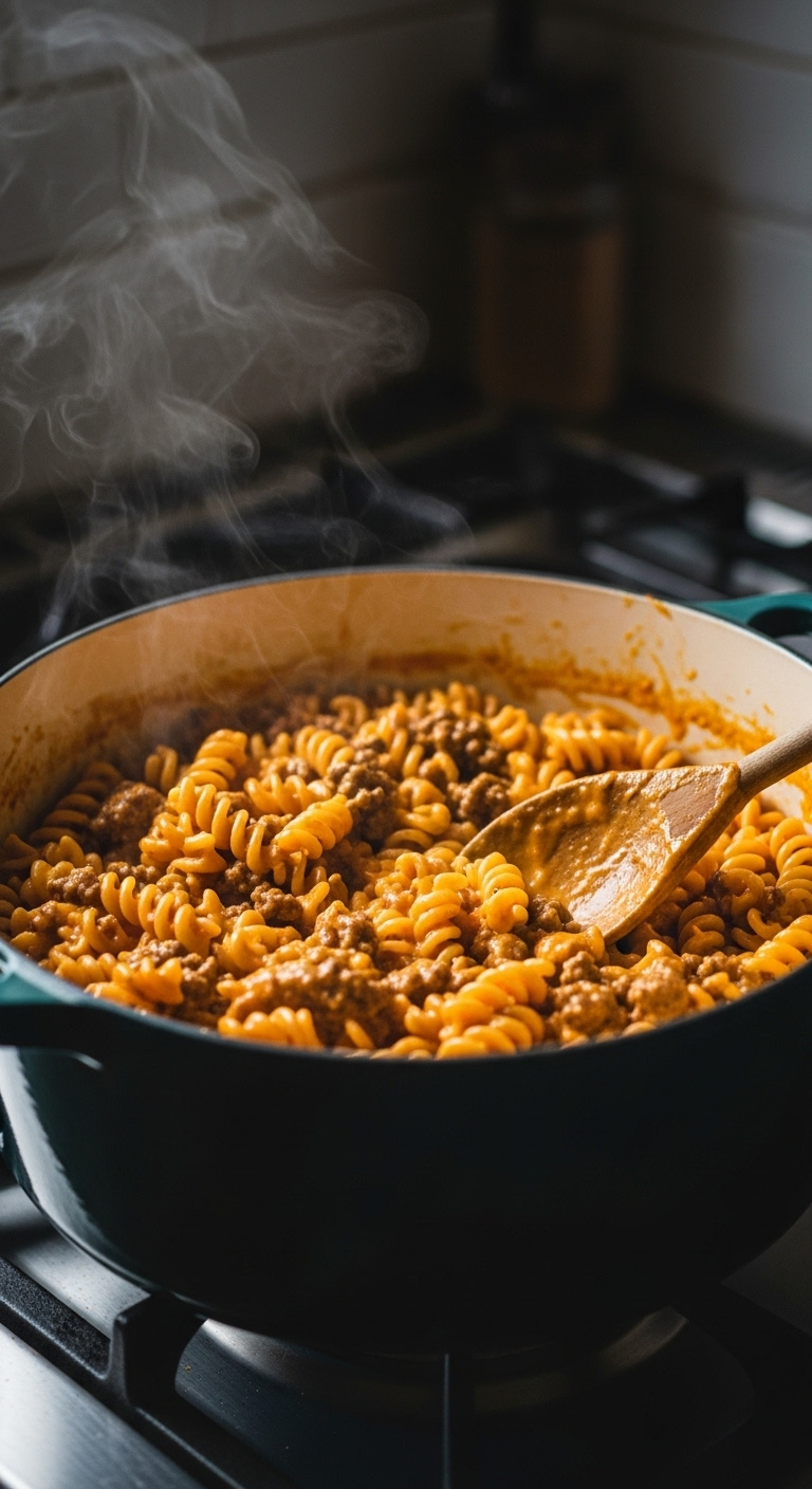 Homemade Keto Hamburger Helper Creamy Cheesy Pasta With Ground Beef In Dutch Oven With Wooden Spoon
