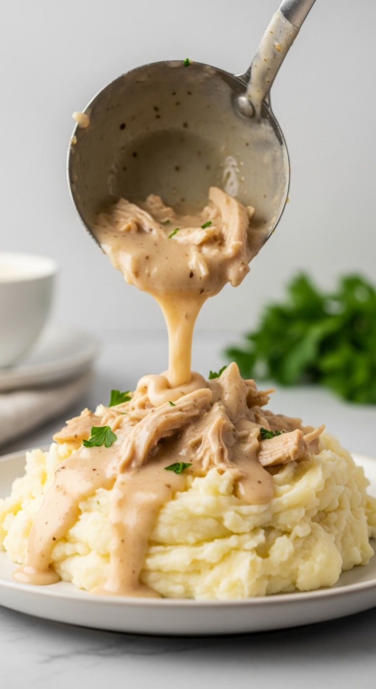 Homestyle Crock Pot Chicken And Gravy With Mashed Potatoes And Parsley Garnish In Warm Comforting Setting With Gravy Cascading Over Potatoes