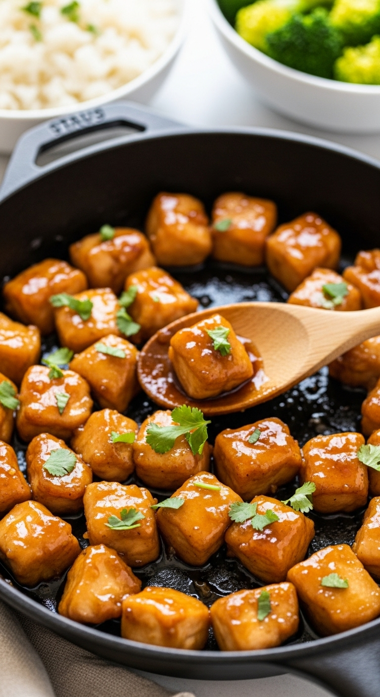 Honey-Garlic-Chicken-Cubes-Glossy-Sauce-Cast-Iron-Skillet-Wooden-Spoon-Cilantro