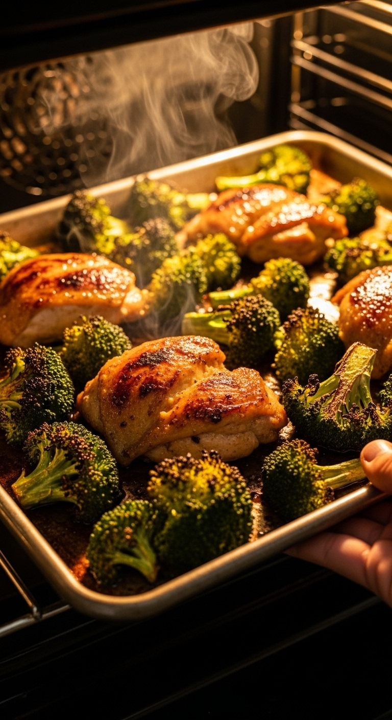 Honey-Garlic-Chicken-Roasted-Broccoli-Metal-Sheet-Pan-Steaming-Oven-Light