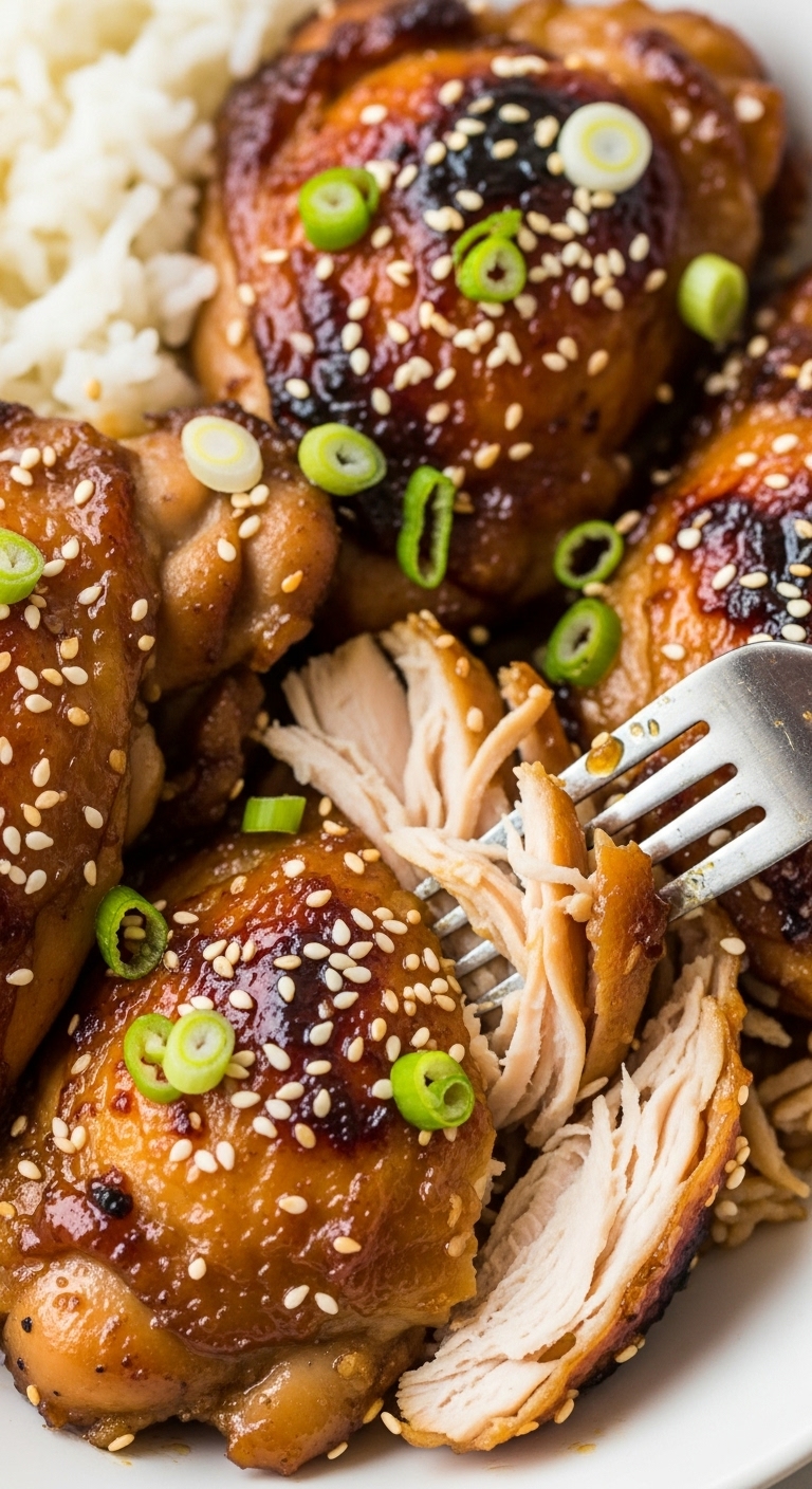 Honey Garlic Chicken Thighs Pulled Apart With Fork Glossy Sauce Sesame Seeds Green Onions