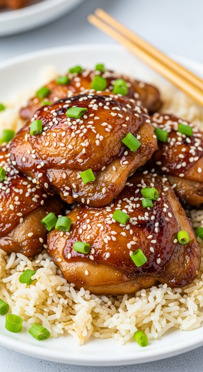 Honey Garlic Chicken Thighs With Sticky Sauce Sesame Seeds And Green Onions Served Over Jasmine Rice With Chopsticks On White Plate