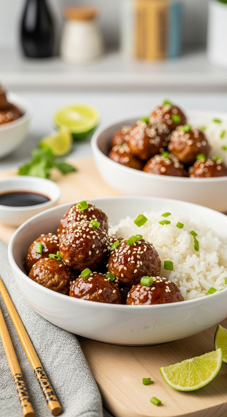Honey-Garlic-Meatballs-Rice-Sesame-Seeds-Green-Onions-Chopsticks-85Mm-Lens-Portrait