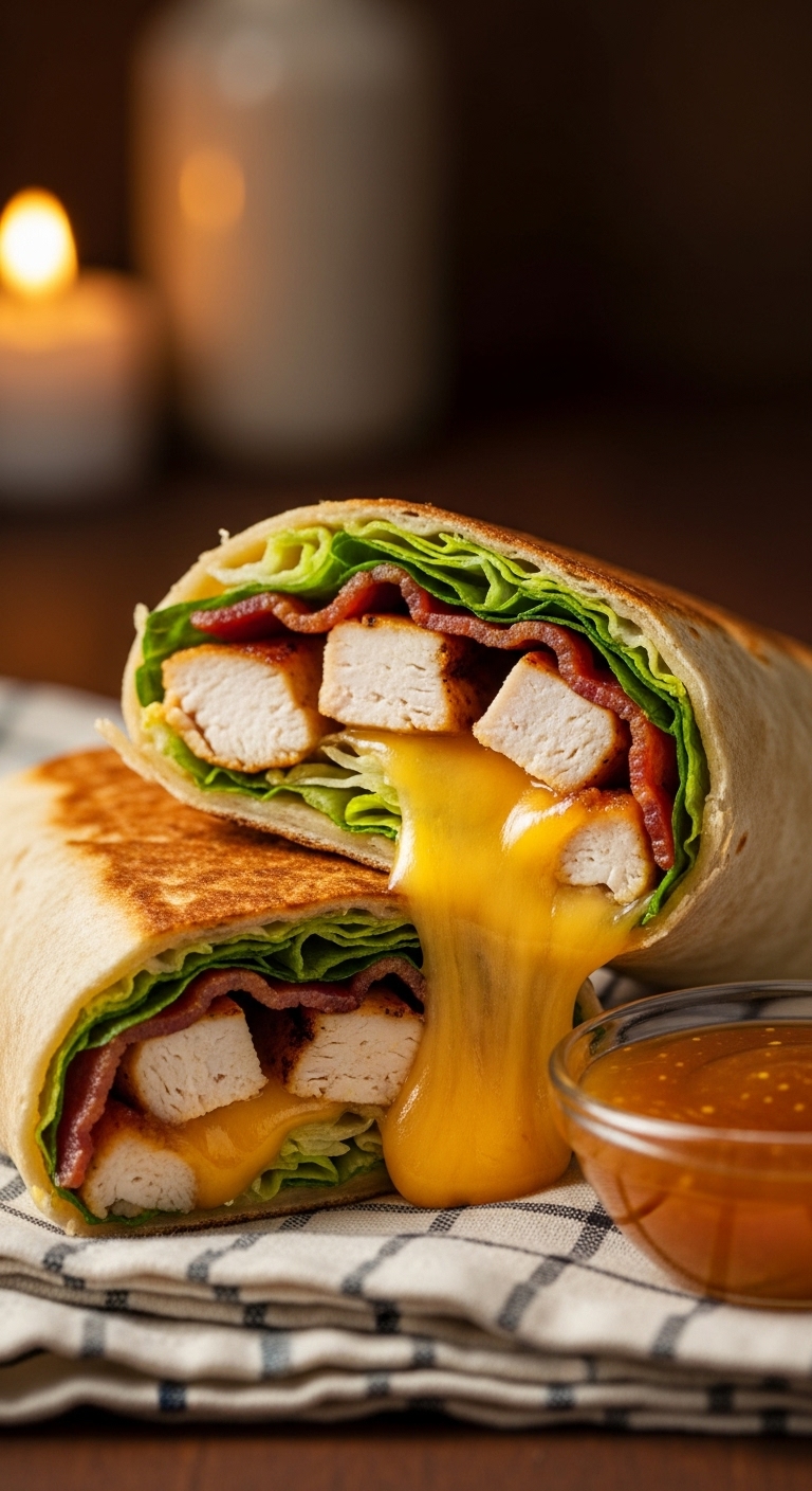 Honey-Mustard-Chicken-Bacon-Wrap-Sliced-Melted-Cheddar-Grilled-Chicken-Crispy-Bacon-Lettuce-Dipping-Sauce